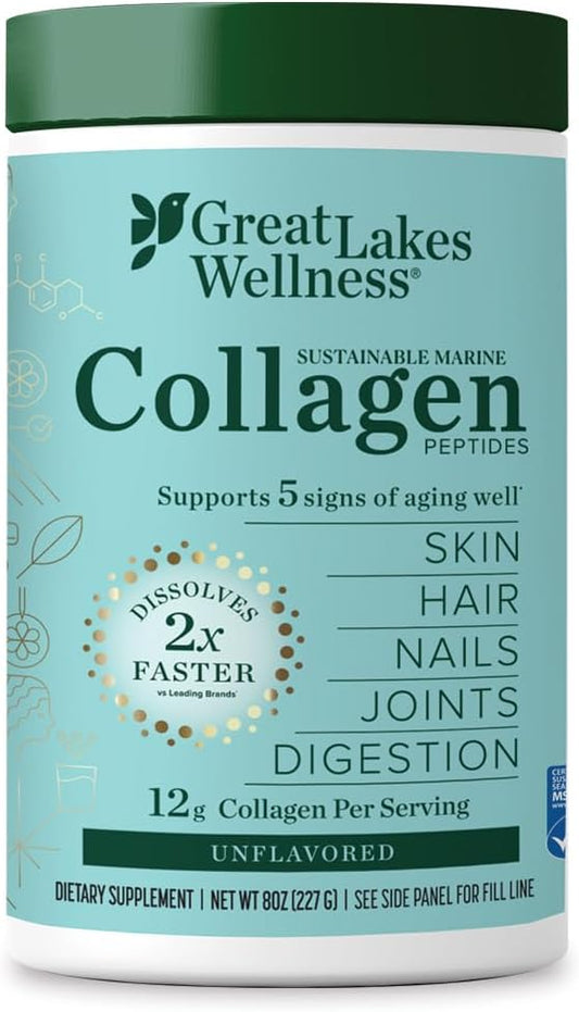 Great Lakes Wellness Sustainable Marine Collagen Peptides Powder for Skin, Hair, Nails, Joints & Digestion - Unflavored - Quick Dissolve Hydrolyzed, Wild Caught, MSC Certified, Non-GMO, Kosher - 8 oz