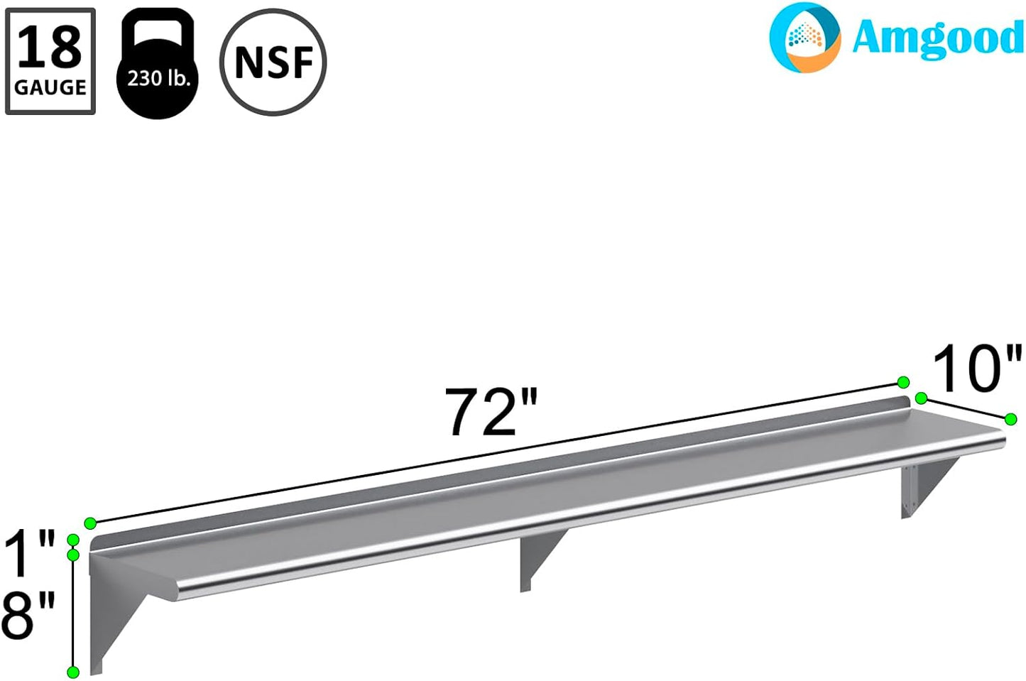 AmGood 72" Long X 10" Deep Stainless Steel Wall Shelf | NSF Certified | Appliance & Equipment Metal Shelving | Kitchen, Restaurant, Garage, Laundry, Utility Room