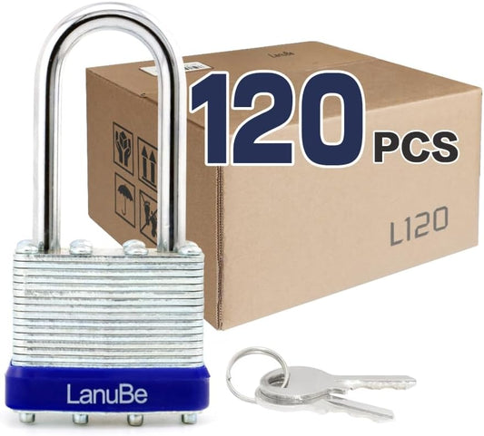 LanuBe Laminated Padlock 1-9/16inch (40mm) Long Shackle 120 Pack Keyed Alike, Blue Plastic Hoop, Bulk Locks for Warehouse, School