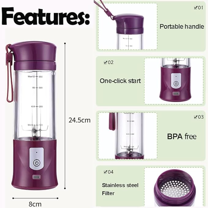Portable Blender, Cordless, Personal Blender-for Shakes & Smoothies, BPA Free, Leakproof, USB-C Rechargeable, Ideal for Ice Blending, Juicing, and Food Processing, Convenient, and Versatile (Purple)