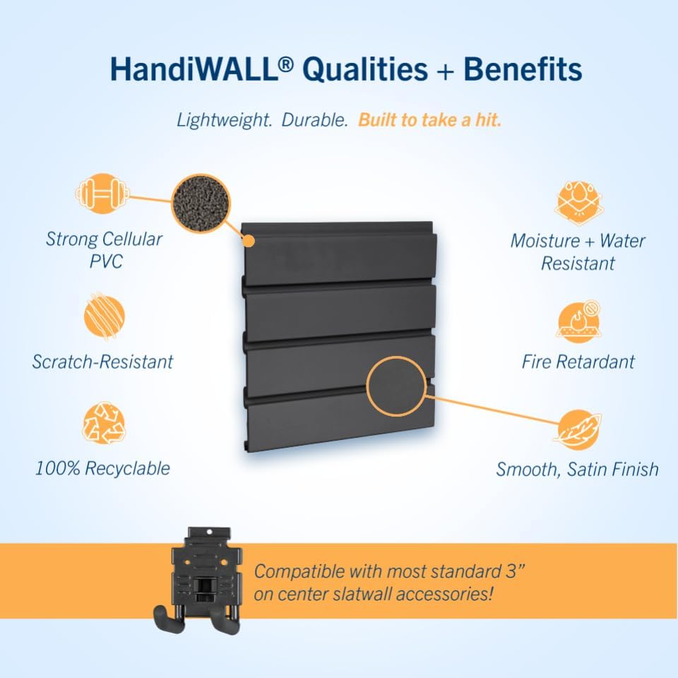 HANDIWALL (BLACK) PVC Slatwall Garage Wall Organizer, 4x2ft Heavy Duty Framed Slatwall Panel Storage Kit, Wall Mount Organizing Storage System For Slatwall Accessories