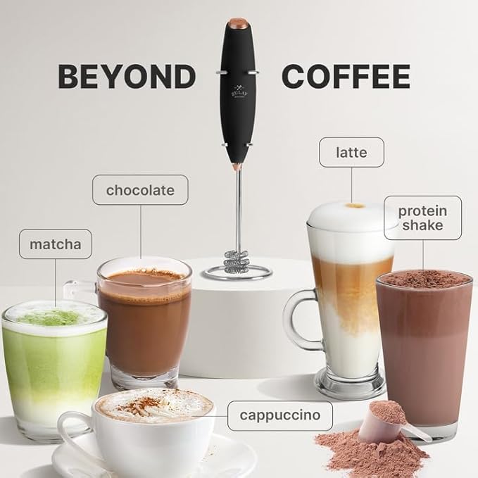 Zulay Kitchen Tornado Milk Frother Handheld Wand – Electric Coffee Frother with Triple Whisk & Stand – Hand Held Drink Mixer for Latte, Cappuccino, Matcha, Hot Chocolate, Protein Shakes – Black/Copper