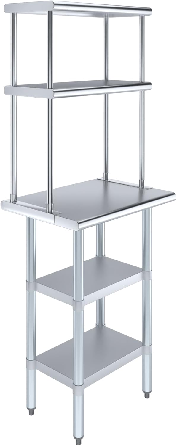 Amgood Stainless Steel Work Table with 2 Shelves | Metal Kitchen Prep Table & Shelving Combo (18" x 24" Table with 2 Shelves + 12" Overshelf)