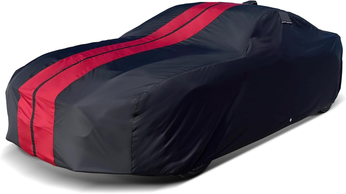 iCarCover Custom Car Cover for Pontiac Streamliner (1946-1952) Waterproof All-Weather Rain Snow UV Sun Protector Full Exterior Indoor Outdoor Car Cover (Stripe - Black/Red)