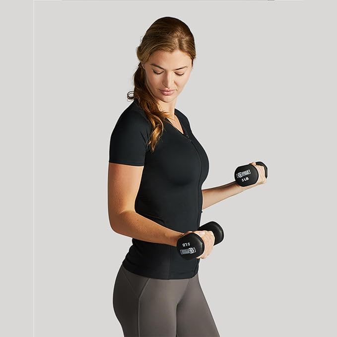 Tommie Copper Womens Short Sleeve V Neck Compression Shirt with Front Zipper – Posture Corrector Back & Shoulder Support