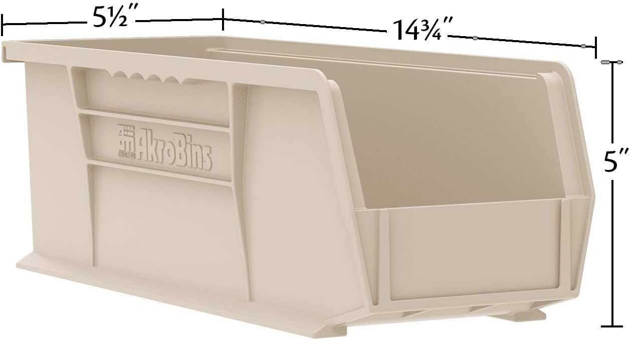 Akro-Mils 30234 AkroBins Plastic Storage Bins, Space-Saving Stackable Bins for Garage, Pantry, Craft Organization, 15-Inch x 5-Inch x 5-Inch, Stone, 12-Pack