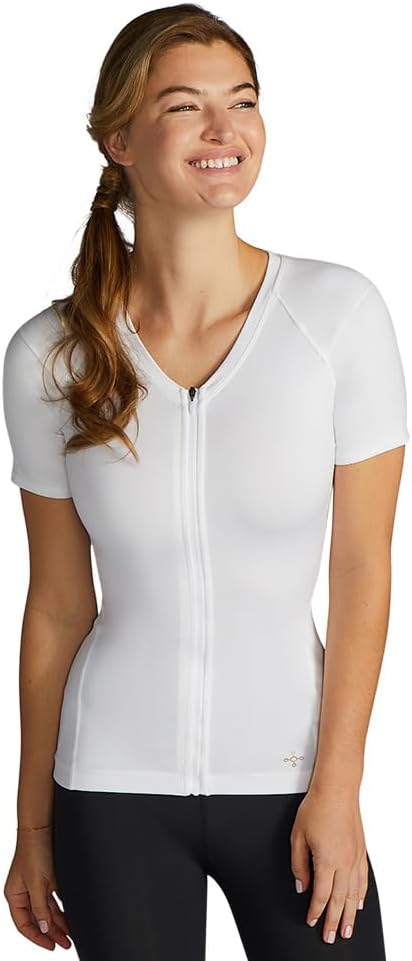 Tommie Copper Womens Short Sleeve V Neck Compression Shirt with Front Zipper – Posture Corrector Back & Shoulder Support