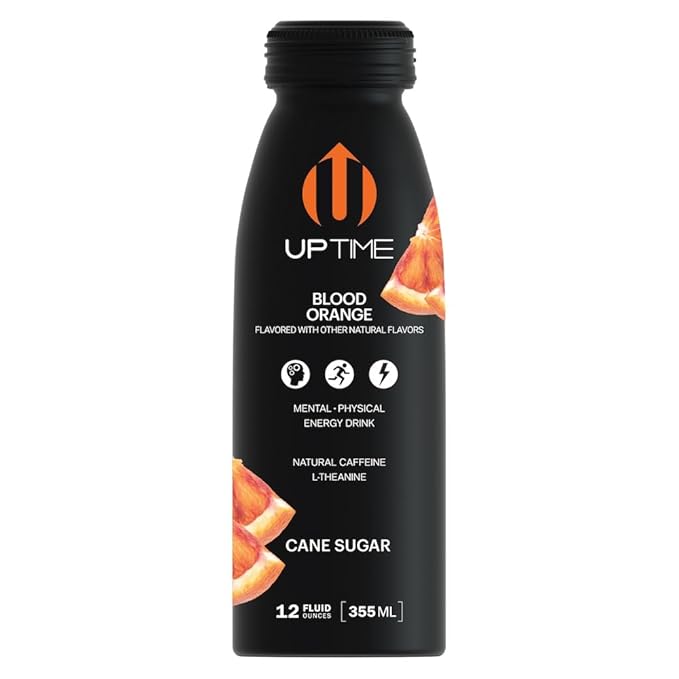 UPTIME Energy Drink, Blood Orange Cane Sugar, 12 Pack, Vitamin C, L Theanine, Calcium, Energy Drinks for Focus Support, 142mg of Natural Caffeine per Serving, Clean, Natural, Non GMO, 12 fl oz Cans