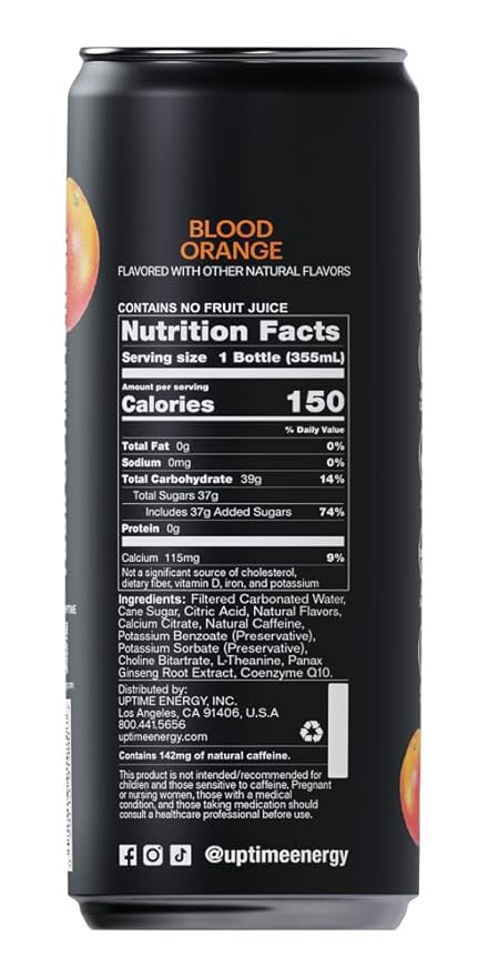 UPTIME Energy Drink, Blood Orange Cane Sugar, 12 Pack, Vitamin C, L Theanine, Calcium, Energy Drinks for Focus Support, 142mg of Natural Caffeine per Serving, Clean, Natural, Non GMO, 12 fl oz Cans