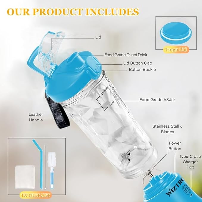Cordless 21oz Portable Blender BPA Free With Personal Blender Cup, Best For Smoothie, Shakes, and Cocktails, With Durable Stainless Steel Blades, USB-C Rechargeable in Blue By WIZTRONIX