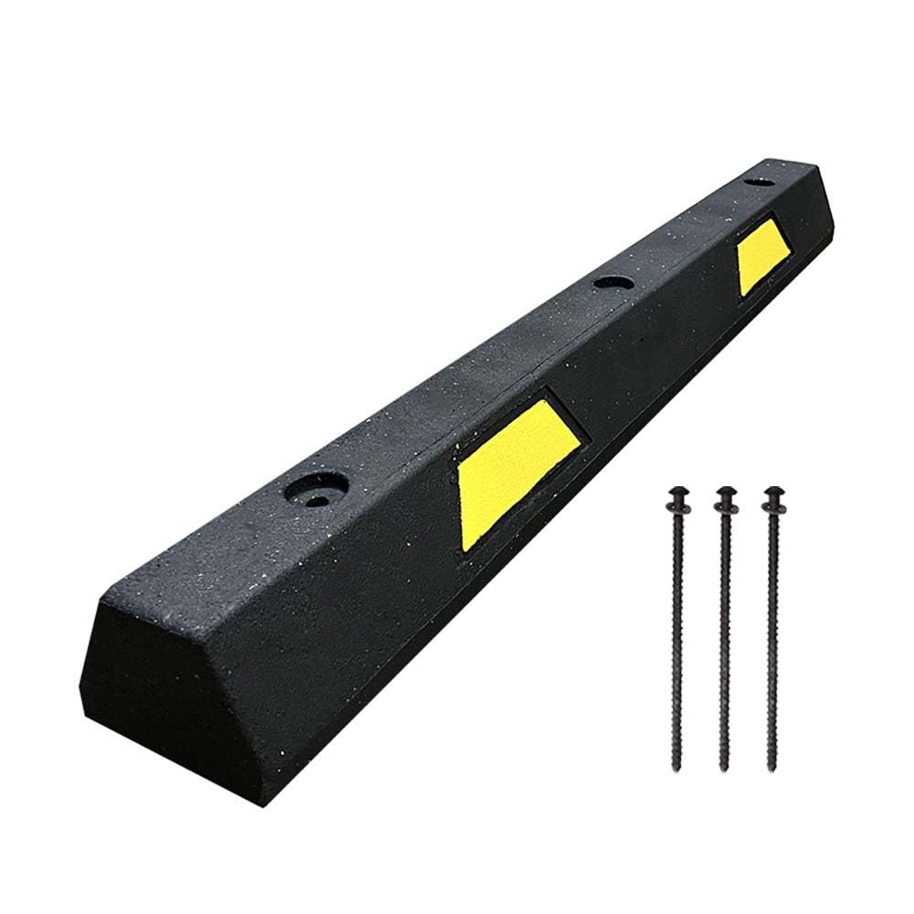 Plasticade 4' Rubber Car Parking Stop with Asphalt Hardware, Maintenance Free, Embedded Yellow Reflective Stripes for Added Visibility and Pre-Drilled Holes for Easy Installation, Made in The USA