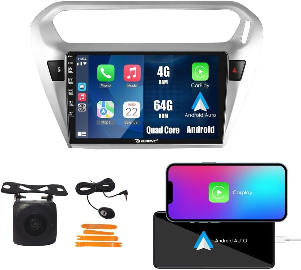Kunfine Car CarPlay Android Auto Navigation Stereo GPS Radio Reverse Camera Display 9" IPS Touchscreen Headunit Tablet Pad Media Player For Peugeot 301 2013-2022, if Applicable Quad Core 4G+64G Silver