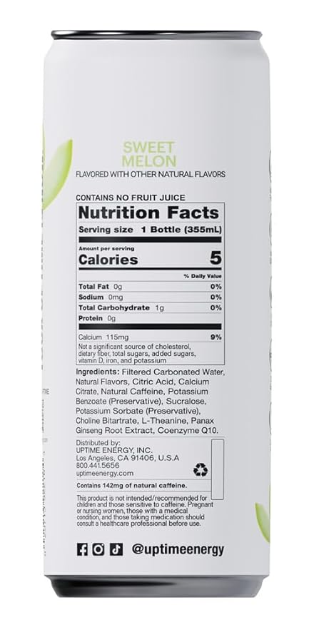 UPTIME Energy Drink, Sweet Summer Melon Sparkling, 12 Pack, Vitamin C, L Theanine, Calcium, Sugar Free Energy Drinks for Focus Support, 142mg of Natural Caffeine, 5 Calories, Natural, 12 fl oz Cans