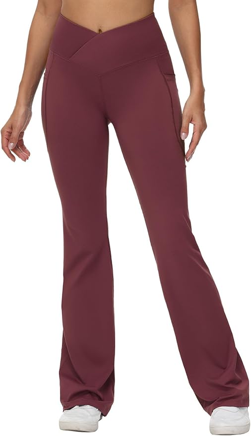 baleaf Women's V Crossover Flare Leggings with Pockets Yoga Pants High Waist Casual Workout Gym Bell Bottom Leggings
