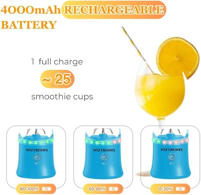 Cordless 21oz Portable Blender BPA Free With Personal Blender Cup, Best For Smoothie, Shakes, and Cocktails, With Durable Stainless Steel Blades, USB-C Rechargeable in Blue By WIZTRONIX