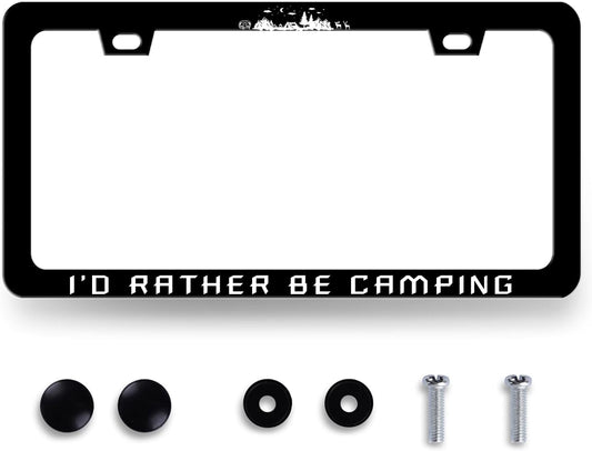 I'd Rather be Camping License Plate Frame Funny Camper License Plate Holder for Personalized Mountain Car Decorative Stainless Steel License Plate Camp Auto Part with Screws 12.2" x 6.2"