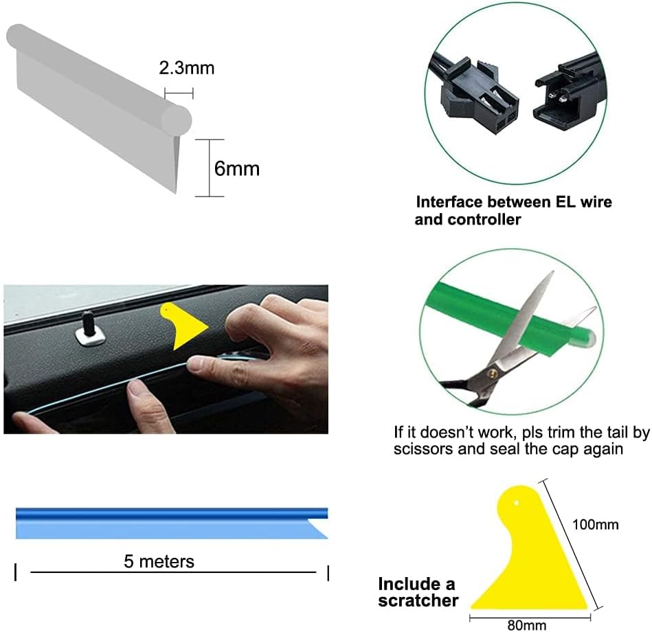 El Wire White Interior Car LED Strip Lights, 5M Neon Wire USB 5V with Fuse Protection for Automotive Interior Decoration, with 6mm Sewing Edge