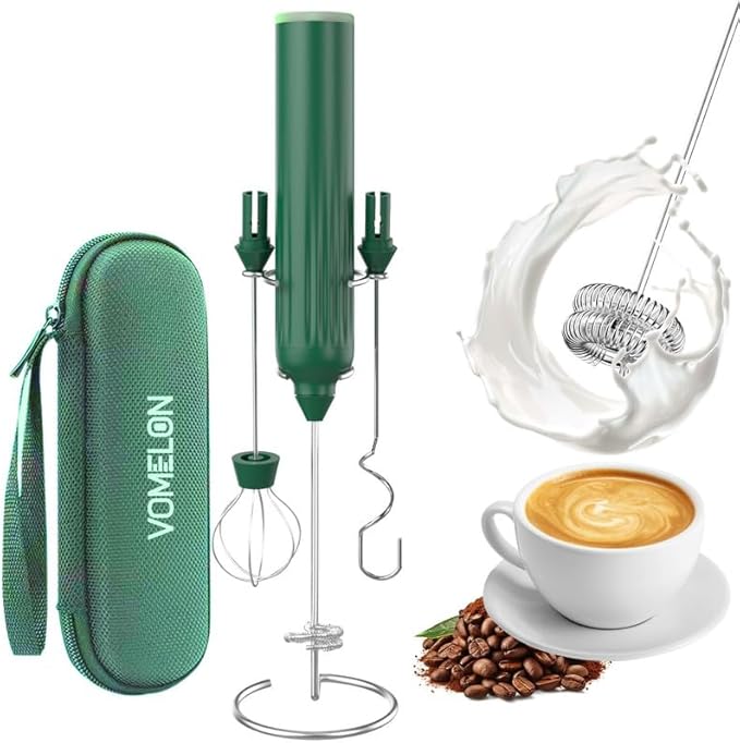 Milk Frother Handheld with 3 Stainless Steel Whisks, Rechargeable Electric Drink Mixer with Stand & Travel Case, Milk Foamer for Coffee, Latte, Cappuccino, Hot Chocolate, Egg,Jam Supplement-Green