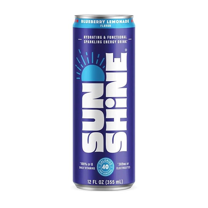Sunshine Sparkling Energy Drink, Blueberry Lemonade with Daily Essential Vitamins, 360mg of Electrolytes, 70mg of Natural Caffeine, 12 Fl Oz (Pack of 24)