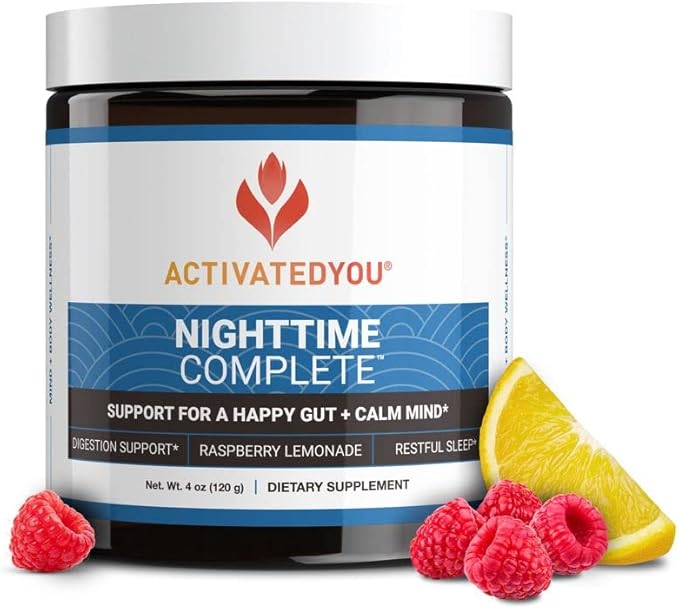 Nighttime Complete by Activated You Daily Wellness Drink for Gut Health with Ashwagandha - Raspberry Lemonade with Prebiotics, Probiotics, Vitamin C - Supports Relaxation & Digestion, Plant-Based