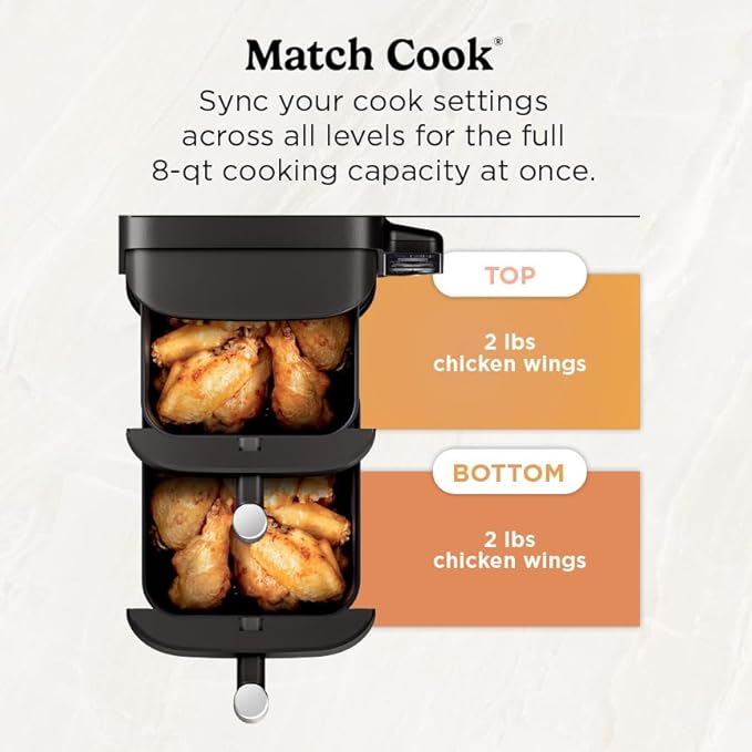 Ninja Air Fryer, 8 QT DoubleStack 2-Basket, Space Saving Design, Cooks 2lb Chicken Wings, Feeds up to 6 People, 6-in1 Air Fryer, Roast, Bake & More, Easy to Clean, Dishwasher Safe Parts, Black, SL201