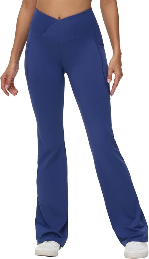 baleaf Women's V Crossover Flare Leggings with Pockets Yoga Pants High Waist Casual Workout Gym Bell Bottom Leggings