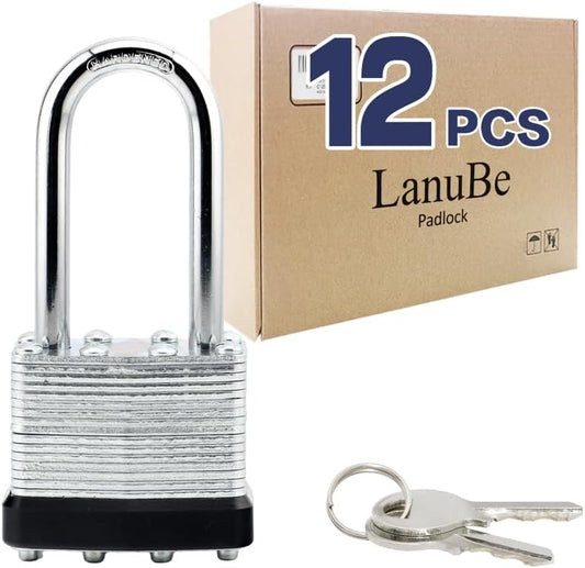 LanuBe Lock Laminated keyed Padlock (1-9/16", 40mm), keyed Alike Locks, Long Shackle,Marked Black Plastic Hoop, Pack of 12