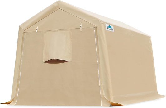 ADVANCE OUTDOOR 8X14 ft Steel Metal Peak Roof Portable Garage Shelter Storage Shed Carport for Motorcycle Bike or Garden Tools with 2 Roll up Doors & Vents, Beige