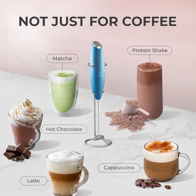 Zulay Powerful Milk Frother (4 Duracell Batteries Included) - Handheld Milk Frother Wand Drink Mixer for Coffee - Powerful Milk Foamer for Cappuccino, Frappe, Matcha & Coffee Creamer - Metallic Blue