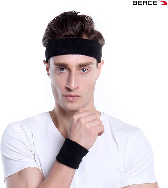 BEACE Sweatbands Sports Headband for Men & Women - Moisture Wicking Athletic Cotton Terry Cloth Sweatband for Tennis, Basketball, Running, Gym, Working Out