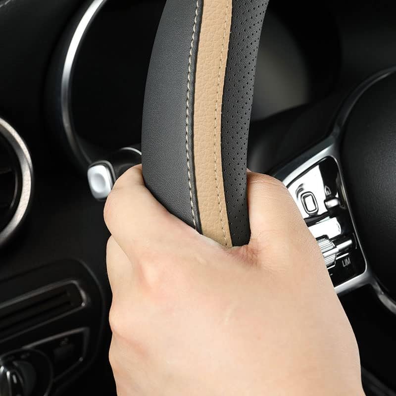 Car Steering Wheel Cover, Leather Steering Wheel Cover Beige Universal 14.5-15 Inch Microfiber Leather Anti-Slip Breathable Auto Steering Wheel Covers for Men Women (Black&Beige)