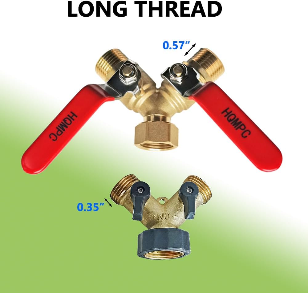 HQMPC Garden Hose Y Valve Hose Splitter Brass Hose Splitter With Stainless Steel Long Handle Brass Y Valve Water Garden Hose Adapter 2 Way Y Valve 3/4" GHT Thread