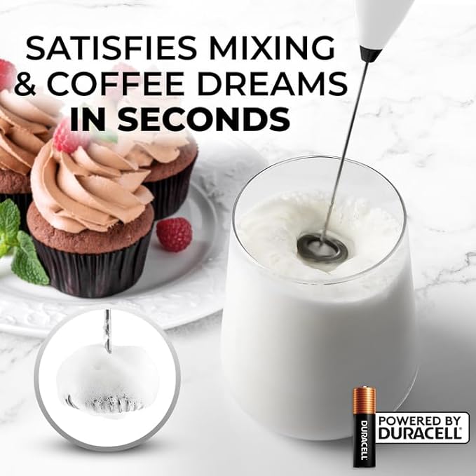 Zulay Powerful Milk Frother (4 Duracell Batteries Included) - Handheld Milk Frother Wand Drink Mixer for Coffee - Powerful Milk Foamer for Cappuccino, Frappe, Matcha & Coffee Creamer - White & Black