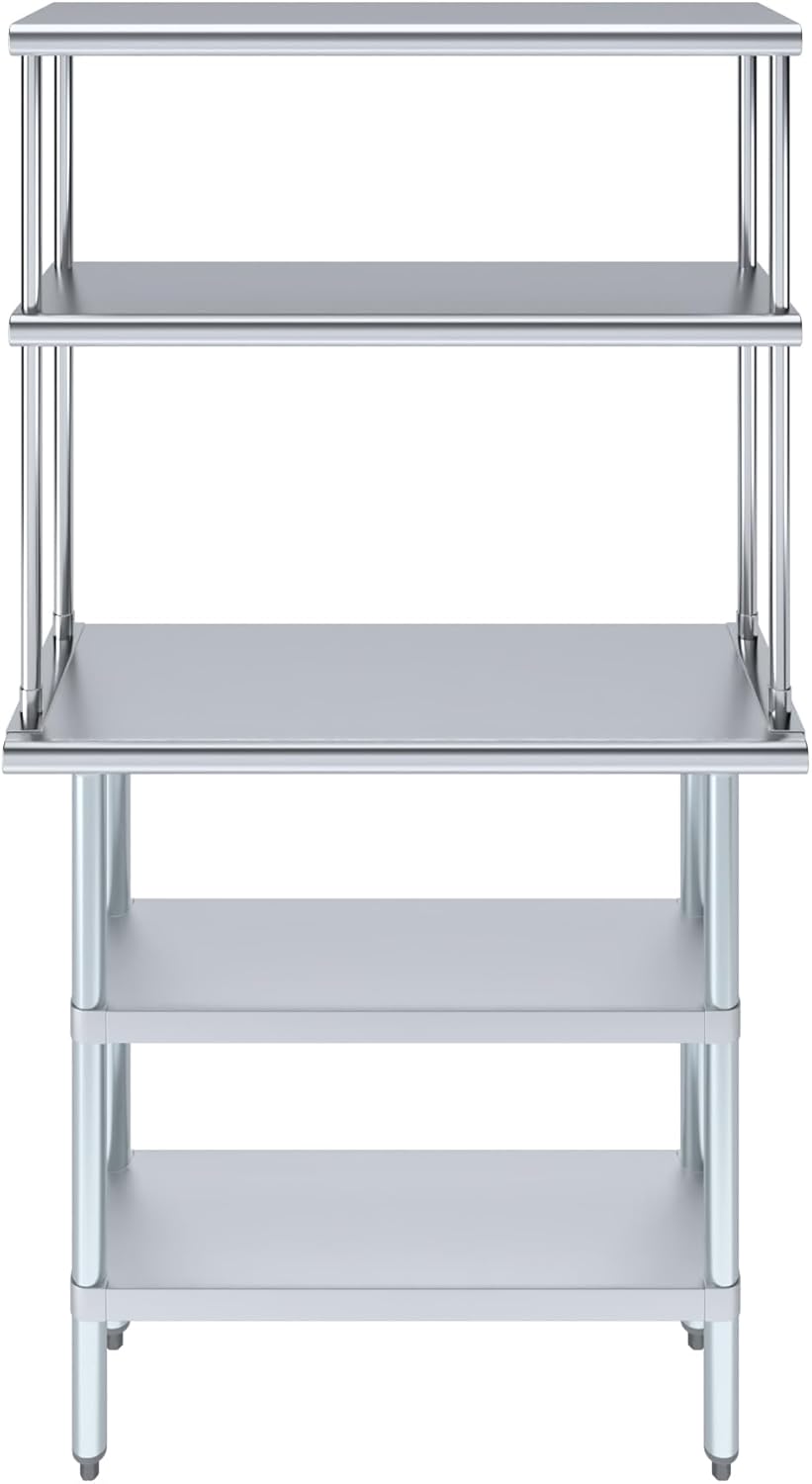 Amgood Stainless Steel Work Table with 2 Shelves | Metal Kitchen Prep Table & Shelving Combo (14" x 36" Table with 2 Shelves + 12" Overshelf)