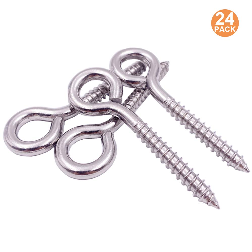 24 Pack, 3-1/5 Inch 304 Stainless Steel Eye Shape Screws Metal Hook, Heavy Duty Hanging Hooks Eyelet Screws Bolt for Yoga & Brazilian Hammocks, Swing Chair, M6 Screw (Style B)