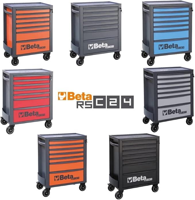 Beta RSC24 Heavy Duty Rolling Tool Cabinet, 7 Drawers, Grey, Ball Bearing Slides, Rubber Mat Liners, 5" Casters, Anti-Fall Edge Worktop, 1760 lbs Load Capacity, Made in Italy
