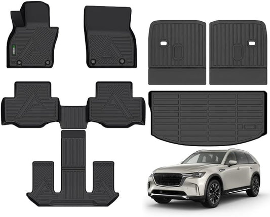 ANBINGO® Floor Mats & SeatBack Cargo Liner | CX90 2024-2025 6 Passenger | 2nd Row with Bucket Seat or Captain Seat | (50/50 Velcro Tape Fixed Backmats) TPE 3 Rows Waterproof Car Mat