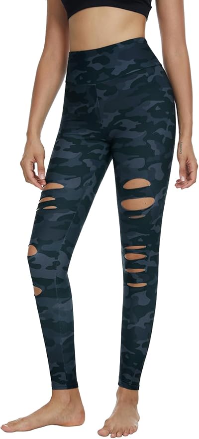 DIBAOLONG Womens High Waist Yoga Pants Cutout Ripped Tummy Control Workout Running Yoga Skinny Leggings