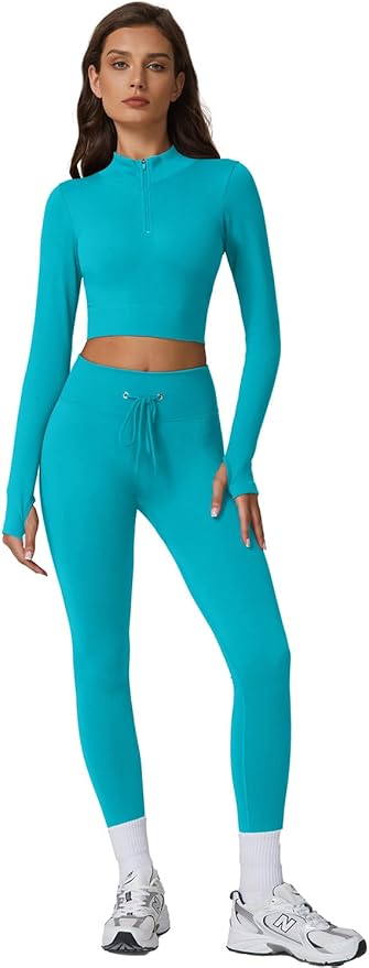 QINSEN Workout Sets for Women 2 Piece Seamless Long Sleeve Crop Tops Ribbed High Waist Leggings