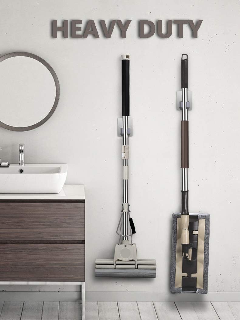 HANZE 4 Pack Stainless Steel Mop Broom Holder Organizer, Self Adhesive Wall Mounted Mop Organizer Storage Rack Clip for Kitchen Bathroom and Garage (Rectangle, Large)