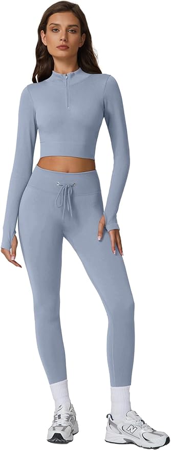 QINSEN Workout Sets for Women 2 Piece Seamless Long Sleeve Crop Tops Ribbed High Waist Leggings