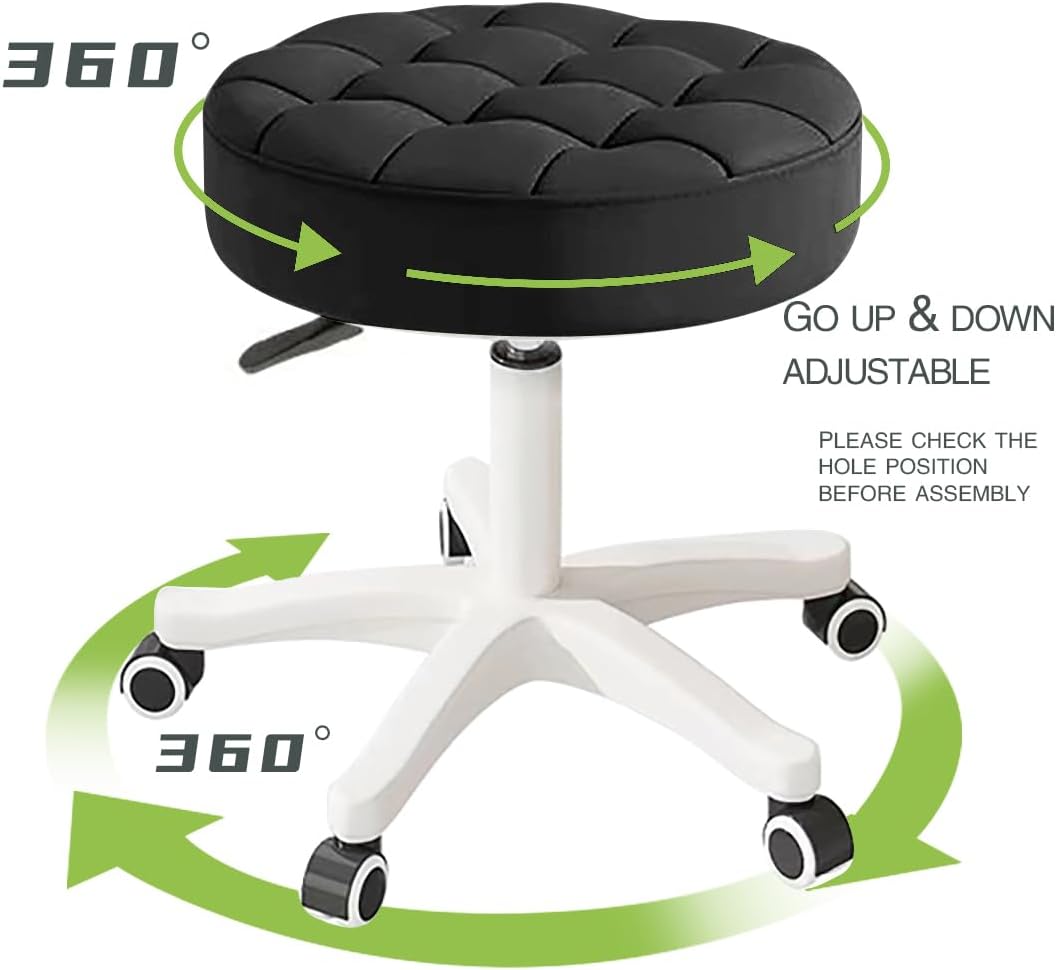 Small Chair Round Rolling Stool with Wheels PU Leather Height Adjustable Swivel Drafting Work SPA Salon Stools Home Office Chair