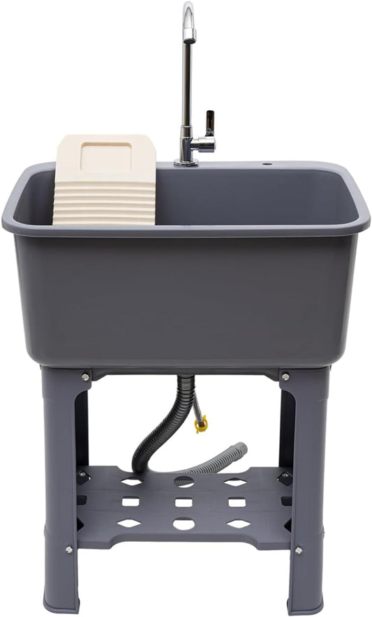 Free Standing Utility Sink with Washboard Laundry Tub Sink for Outdoor,Garage,Basement,Garden wuth Faucet,Drain,Storage Shelf (Gray, 23.6 * 15.8 * 30.1in)