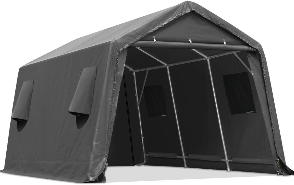 ADVANCE OUTDOOR 10x15 ft Shelter Storage Shed Steel Metal Peak Roof Portable Garage Carport for Motorcycle, Boat or Garden Tools with 2 Roll up Doors & Vents, Gray