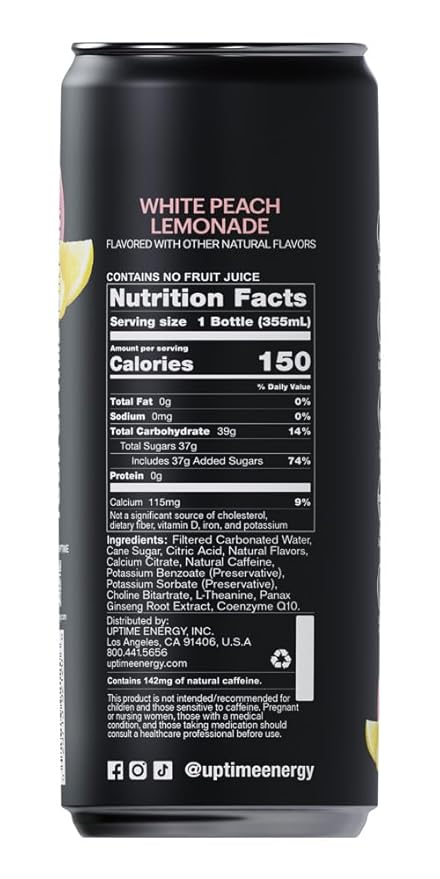 UPTIME Energy – White Peach Lemonade - Cane Sugar (12 Pack), Premium Energy Drink, 12oz Cans, Natural Caffeine, Sparkling, Natural Flavors