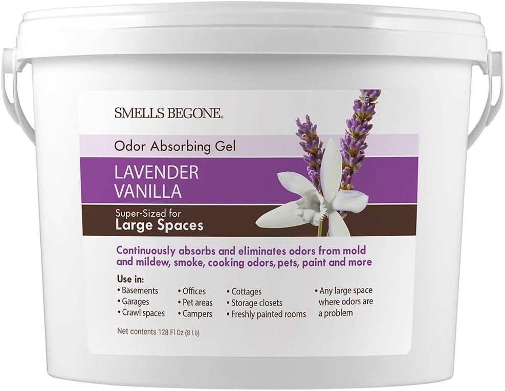 SMELLS BEGONE 1-Gallon Odor Absorber Gel - Air Freshener & Odor Eliminator for Homes, Garages & Commercial Buildings - Industrial Size - Lavender Vanilla Scent