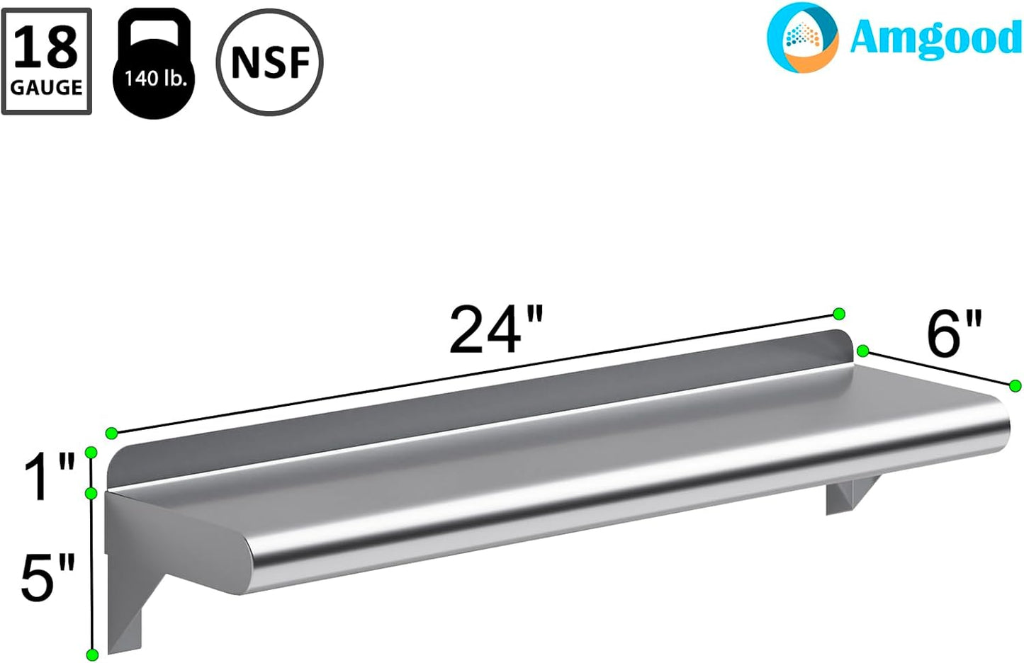 AmGood 24" Long X 6" Deep Stainless Steel Wall Shelf | NSF Certified | Appliance & Equipment Metal Shelving | Kitchen, Restaurant, Garage, Laundry, Utility Room