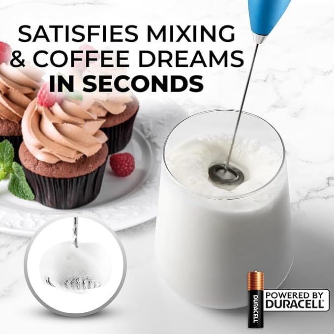 Zulay Powerful Milk Frother (4 Duracell Batteries Included) - Handheld Milk Frother Wand Drink Mixer for Coffee - Powerful Milk Foamer for Cappuccino, Frappe, Matcha & Coffee Creamer - Metallic Blue