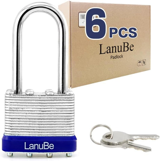 LanuBe Laminated Padlock 1-9/16 inch (40mm) Long Shackle 6 Pack Keyed Alike, Blue Plastic Hoop, Bulk Locks for Warehouse, School