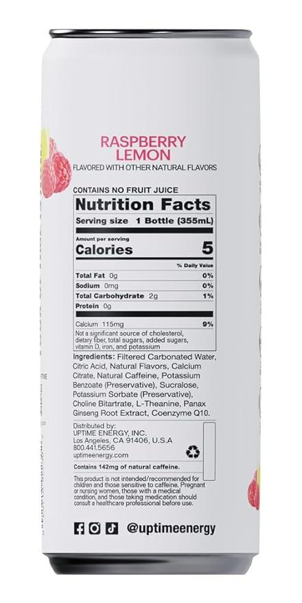 UPTIME Energy Drink, Raspberry Lemon Sparkling, 12 Pack, Vitamin C, L Theanine, Calcium, Sugar Free Energy Drinks for Focus Support, 142mg of Natural Caffeine, 5 Calories, Natural, 12 fl oz Cans